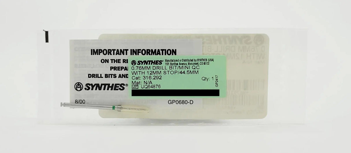 Synthes 316.292 Quick Connect Drill Bit 0.76mm w/ 12mm Stop 44.5mm Orthopedic Synthes