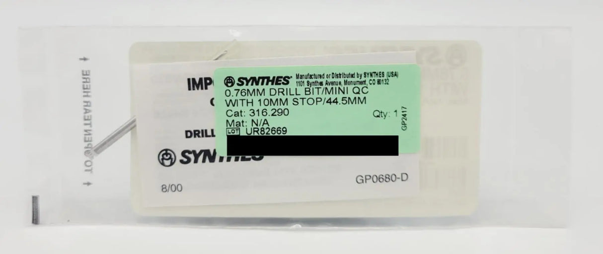 Synthes 316.290 Quick Connect Drill Bit 0.76mm w/ 10mm Stop Orthopedic 1-7/8" Synthes