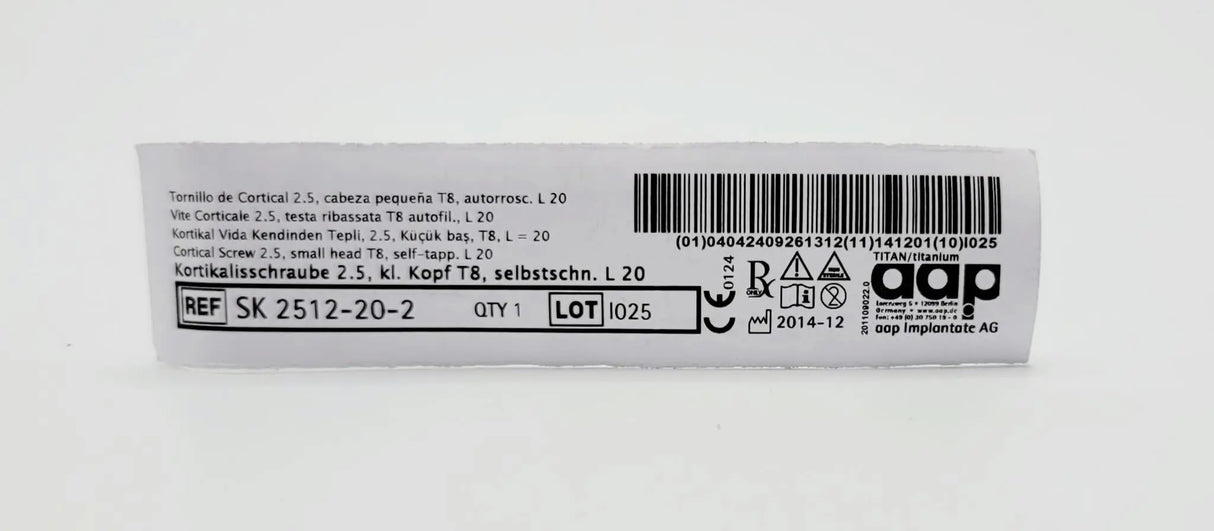 aap Implantate AG SK 2512-20-2 Cortical Screw 2.5, small head T8, self-tapp. L 20 aap Implantante