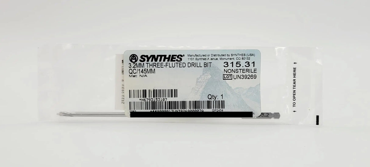 Synthes 315.31 Three Fluted Drill Bit 3.2mm Quick Connect 6" Synthes