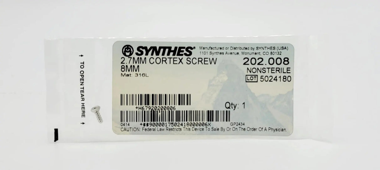 Synthes 202.008 2.7mm Cortex Screw 8mm Synthes