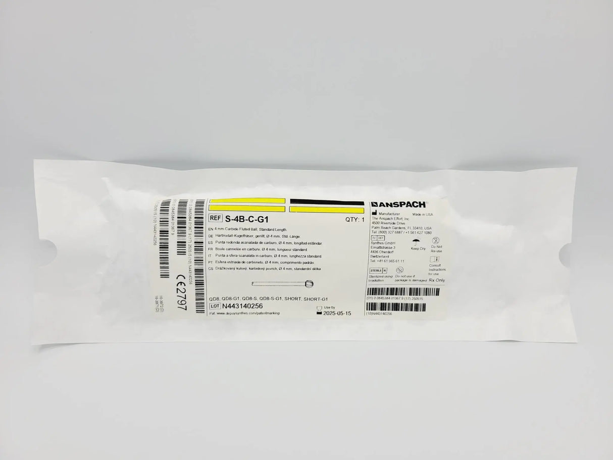 Synthes Anspach S-4B-C-G1 4mm Cutting Bur Carbide Fluted Edge, Ball Working End Synthes