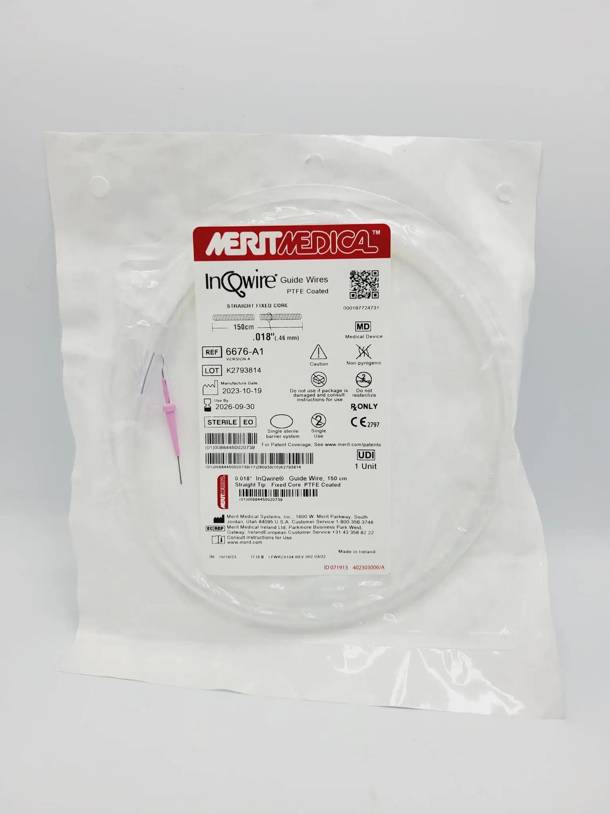 Merit Medical 6676-A1 InQwire .018" 50cm Guide Wire PTFE Coated Straight, Fixed Core Merit Medical