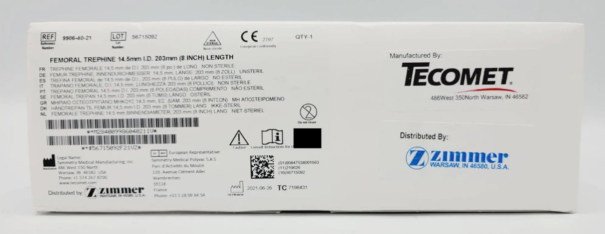 Zimmer Tecomet 9986-40-21 Femoral Trephine 14.5mm 203mm Length Zimmer