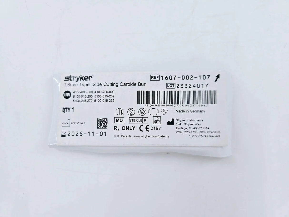 Stryker 1607-002-107 1.6mm Taper Side Cutting Carbide Bur Stryker