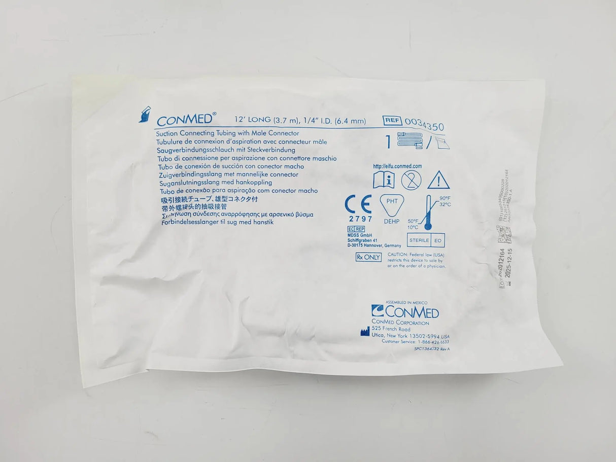 ConMed 0034350 Suction Connecting Tubing w/ Male Connector 12' Case Of 20 ConMed