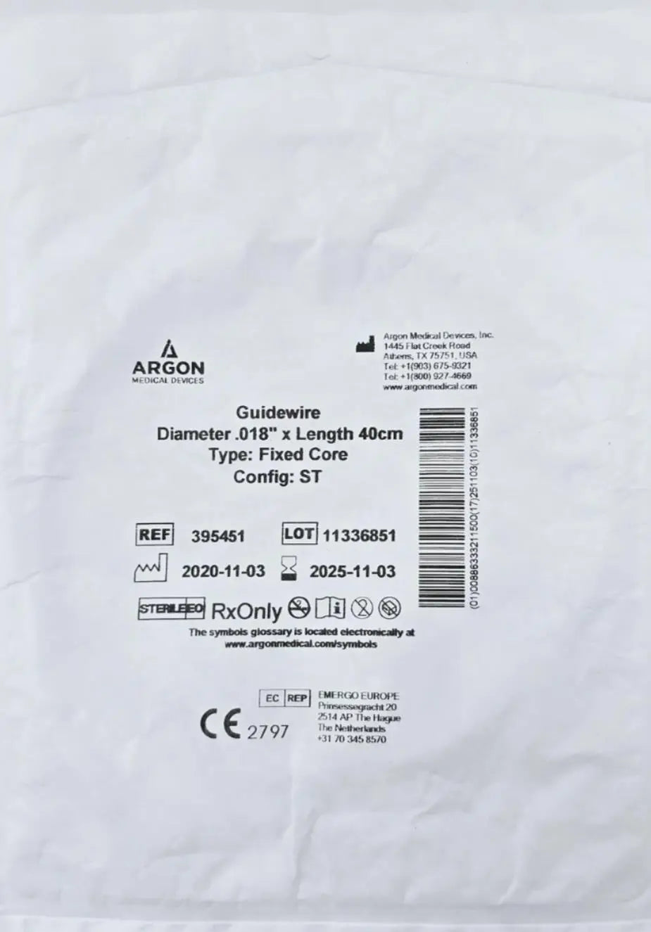 Argon Medical 395451 Fixed Core Straight Guidewires Angio 0.018" x 40CM Argon Medical