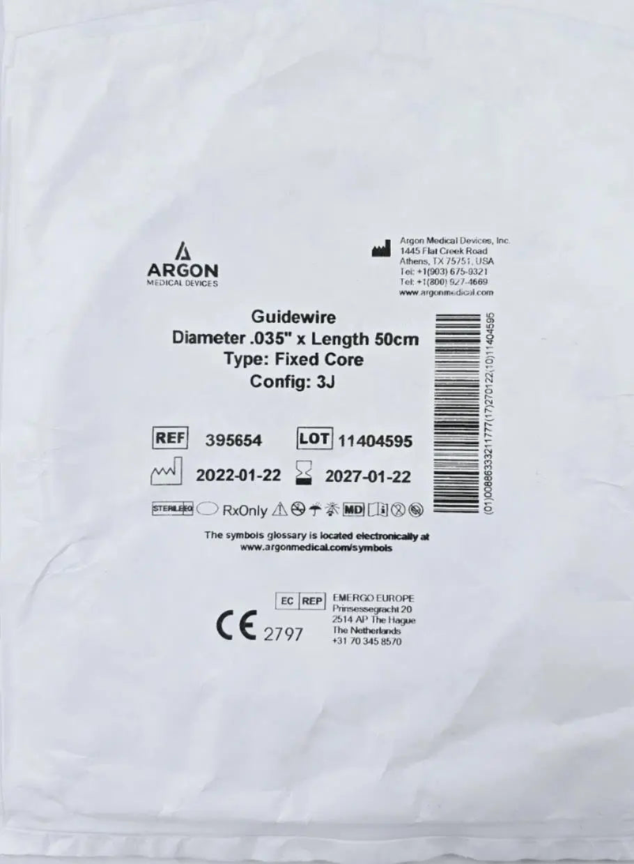 Argon Medical 395654 Guidewire Fixed Core J Tip 0.035" x 50CM Argon Medical