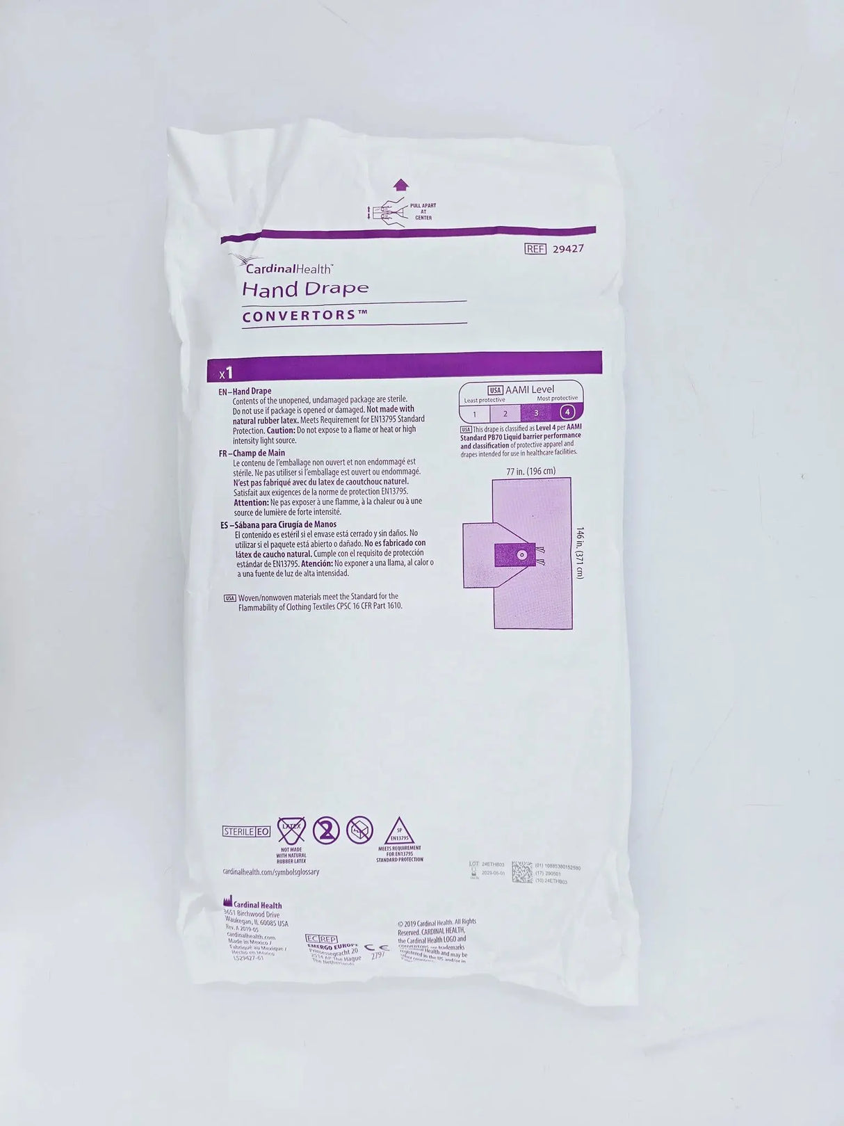 Cardinal Health 29427 Convertors Tiburon Hand Drape 77" x 146" AAMI Level 4 Cardinal Health