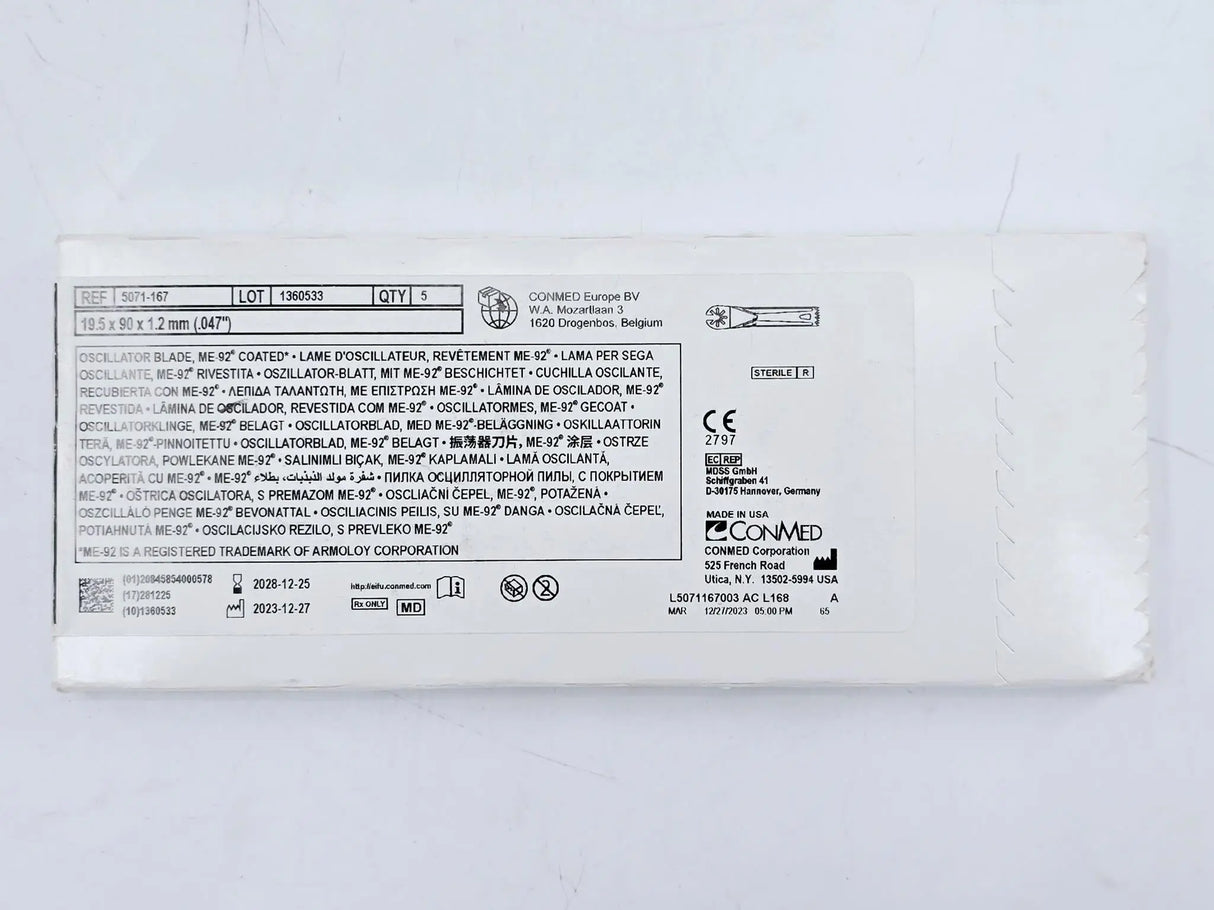 ConMed 5071-167 Large Bone Knee Blade Oscillator Blade ME-92 Coated 19.5mm x 90mm x 1.2mm (.047inch) 5/BX ConMed