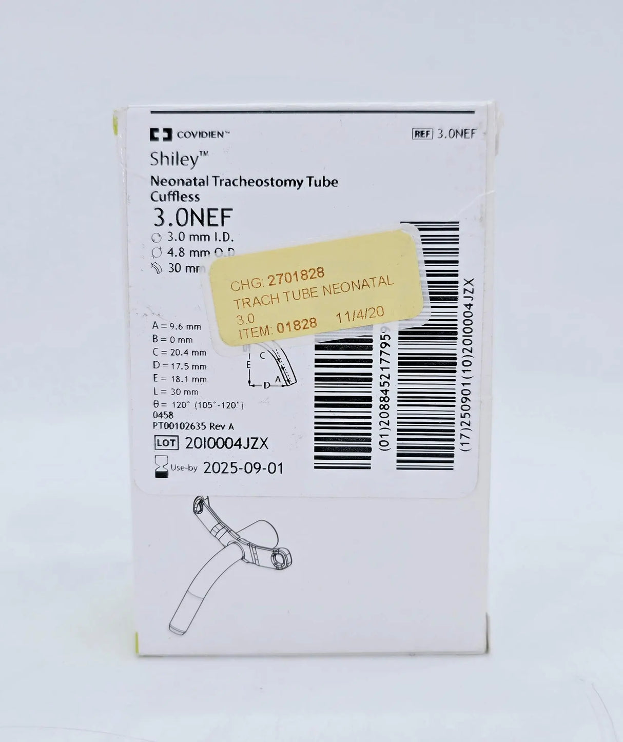 Covidien 3.0NEF Shiley 3.0mm I.D. Neonatal Tracheostomy Tube Cuffless Covidien