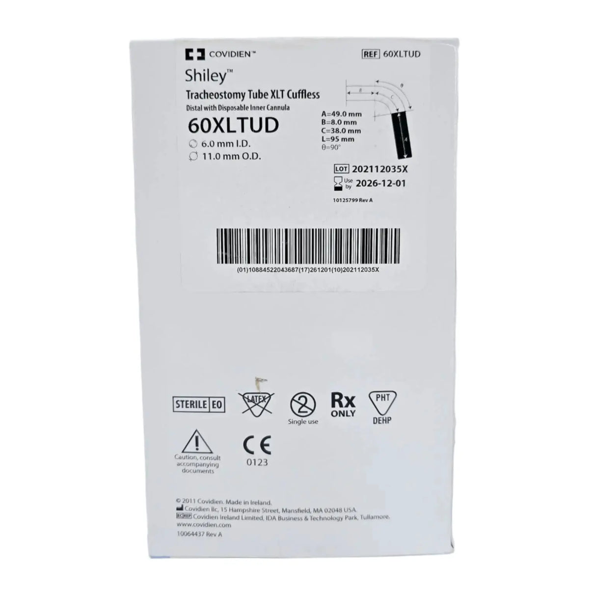 Covidien 60XLTUD Shiley 6.0mm I.D. Tracheostomy Tube XLT Cuffless Distal w/ Disposable Inner Cannula Covidien