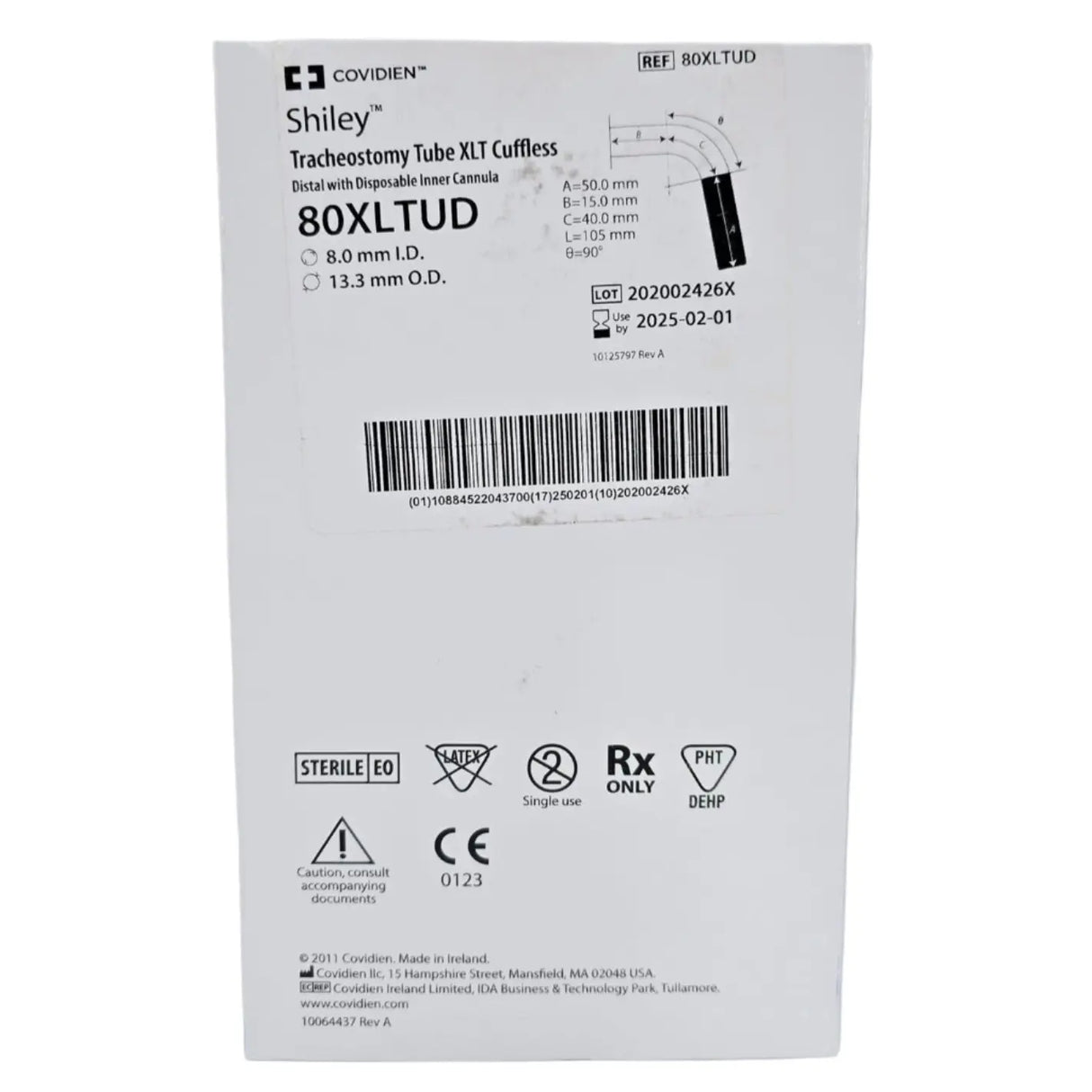 Covidien 80XLTUD Shiley 8.0mm I.D. Tracheostomy Tube XLT Cuffless Distal w/ Disposable Inner Cannula Covidien