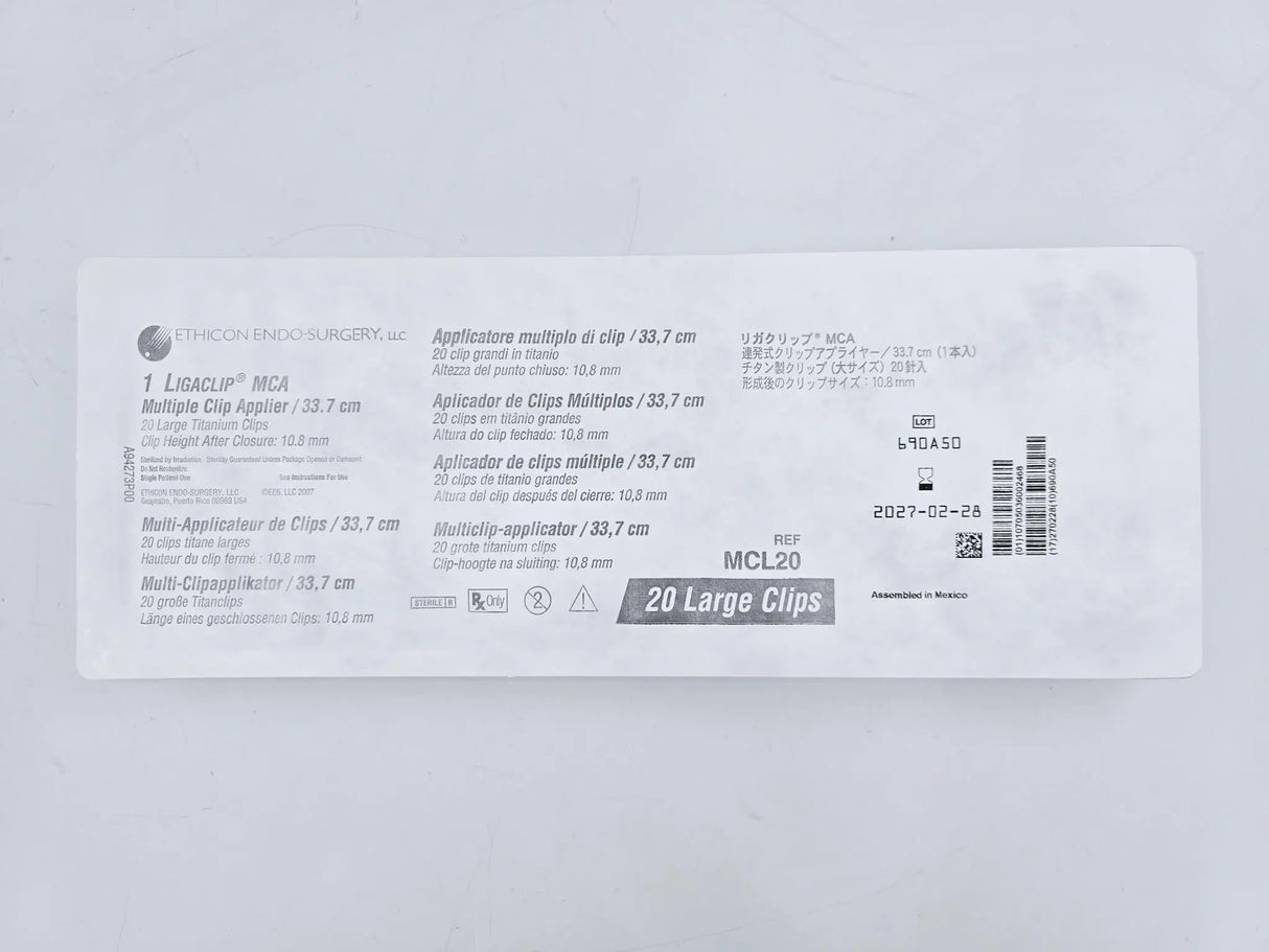 Ethicon MCL20 LIGACLIP MCA Multiple Clip Appliers 33.7cm 20 Large Titanium Clips 6/BX Ethicon