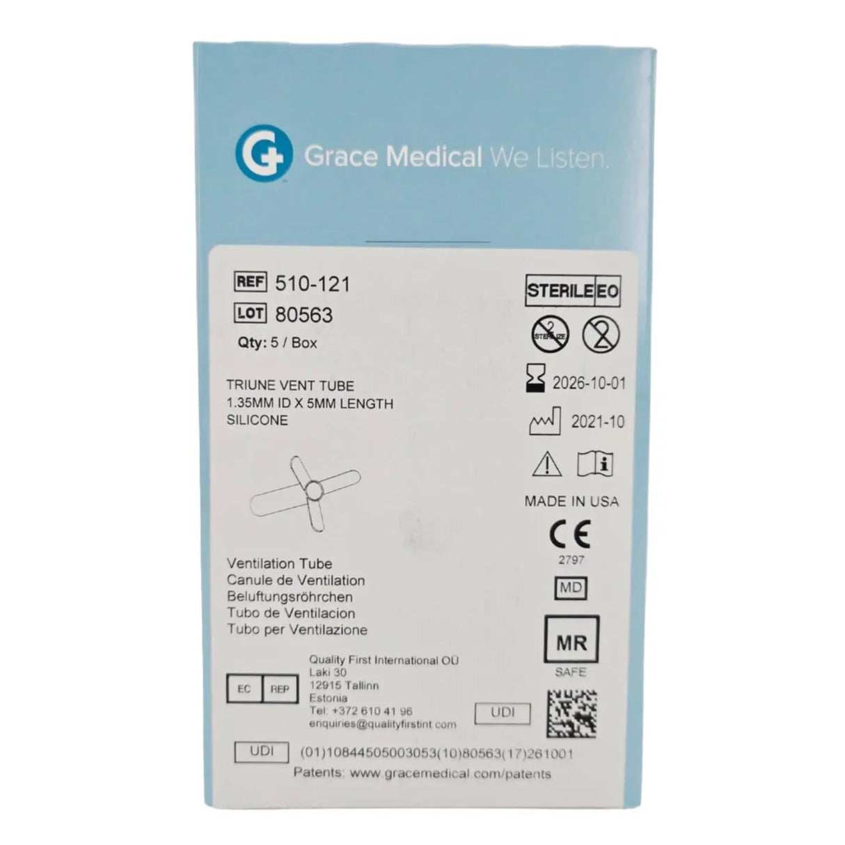 Grace Medical 510-121 Triune Vent Tube 1.35mm ID x 5mm Length 5/BX Grace Medical