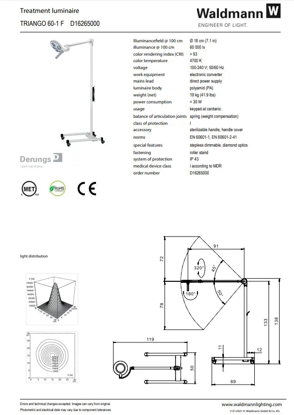 Waldmann TRIANGO Fokus LED 60-1 F Minor Procedure Light, 60,000 lux/1 M, 4700K, CRI>93, dimming, focus. With roller stand. Waldmann Lighting