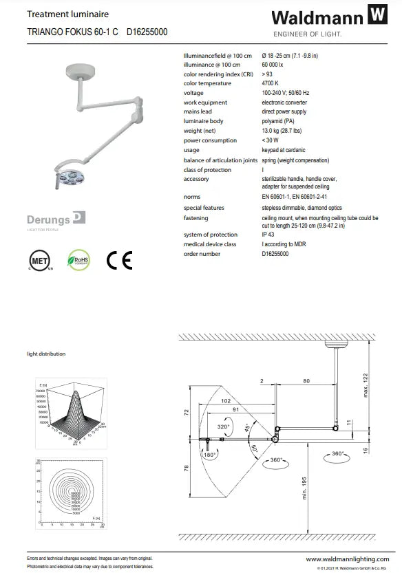 Waldmann TRIANGO Fokus LED 60-1 C Minor Procedure Light, 60,000 lux/1 M, 4700K, CRI>93, dimming, focus. With ceiling mount. Waldmann Lighting