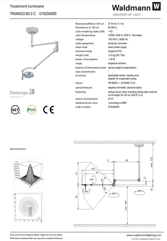 Waldmann TRIANGO LED 60-3 C Minor Procedure Light, 60,000 lux/1 M, color change - 3700K, 4300K and 4700K, CRI>93, dimming. With ceiling mount. Waldmann Lighting