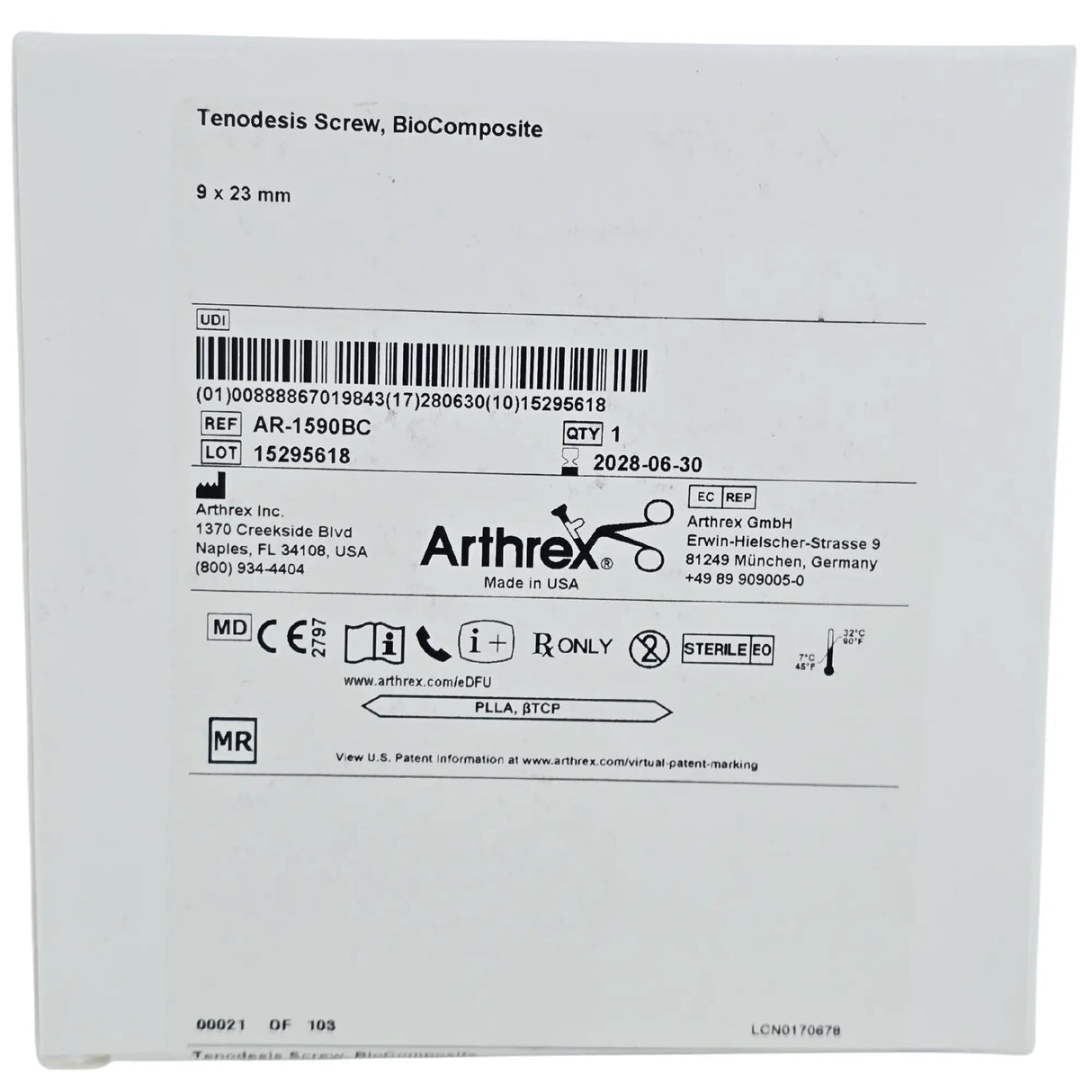 Arthrex AR-1590BC Bio-Tenodesis Screw - 9mm x 23mm, BioComposite Interlocking Fixation Arthrex