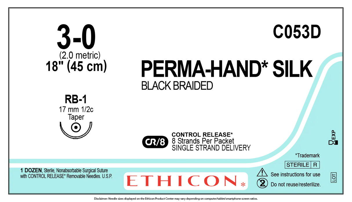 Ethicon Perma-Hand Silk C053D Suture - Black Braided Silk, Nonabsorbable (Box of 12) Ethicon