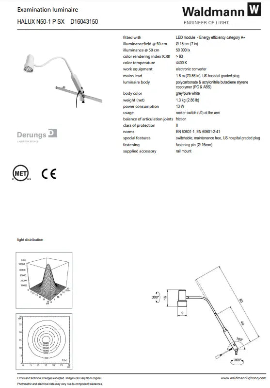 Waldmann HALUX LED N50 Exam Light-1 P SX, 4400K Gooseneck - Rail Mount Waldmann Lighting