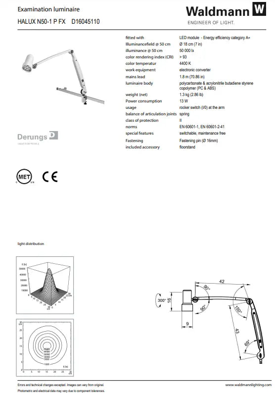 Waldmann HALUX LED N50 Exam Light-1 P FX, 4400K, Double Arm - Roller Stand Waldmann Lighting