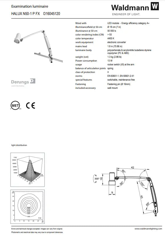 Waldmann HALUX LED N50 Exam Light-1 P FX, 4400K, Double Arm - Wall Mount Waldmann Lighting
