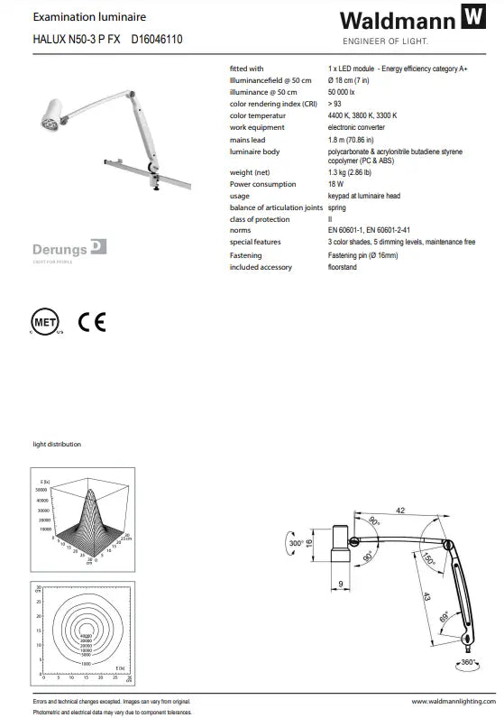 Waldmann HALUX LED N50 Exam Light-3 P FX, Color Change, Dimming, Double Arm - Roller Stand Waldmann Lighting