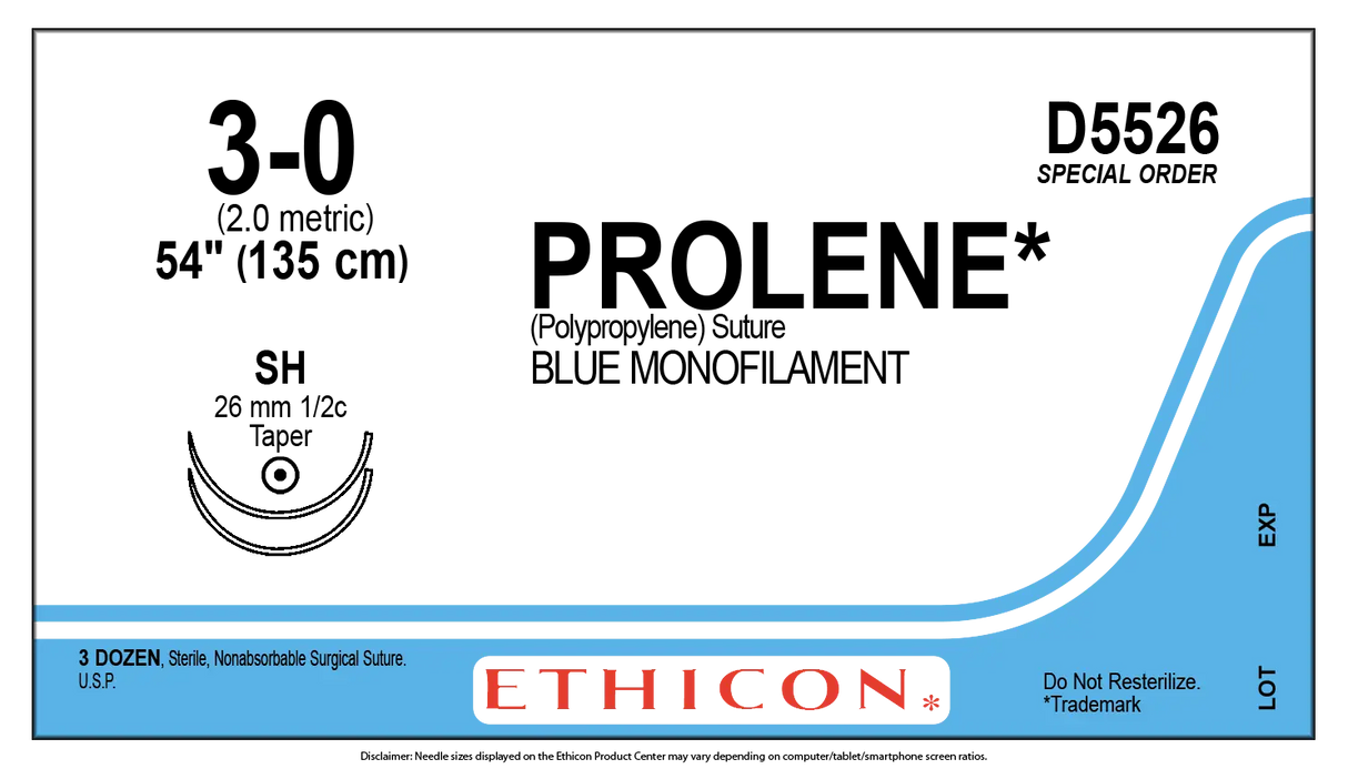 Ethicon Prolene D5526 Suture - Size 3-0, 54", Blue Monofilament Polypropylene, SH Needle (Box of 36) Ethicon