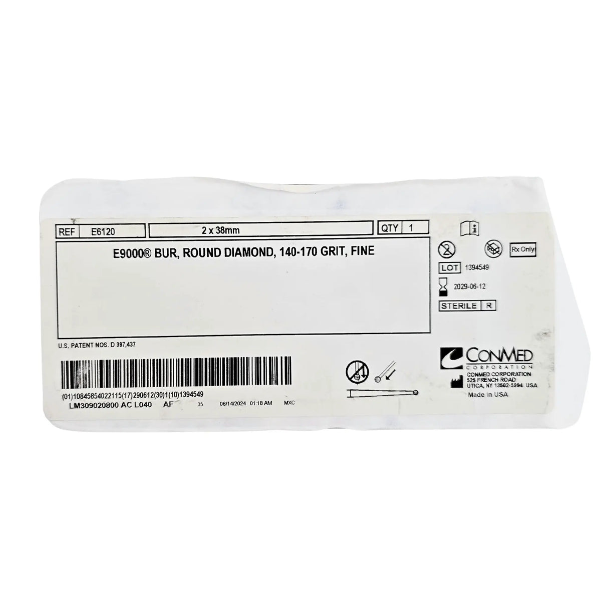 ConMed Linvatec E6120 E9000 Fine Round Diamond Bur 2.0mm x 38mm – New ConMed