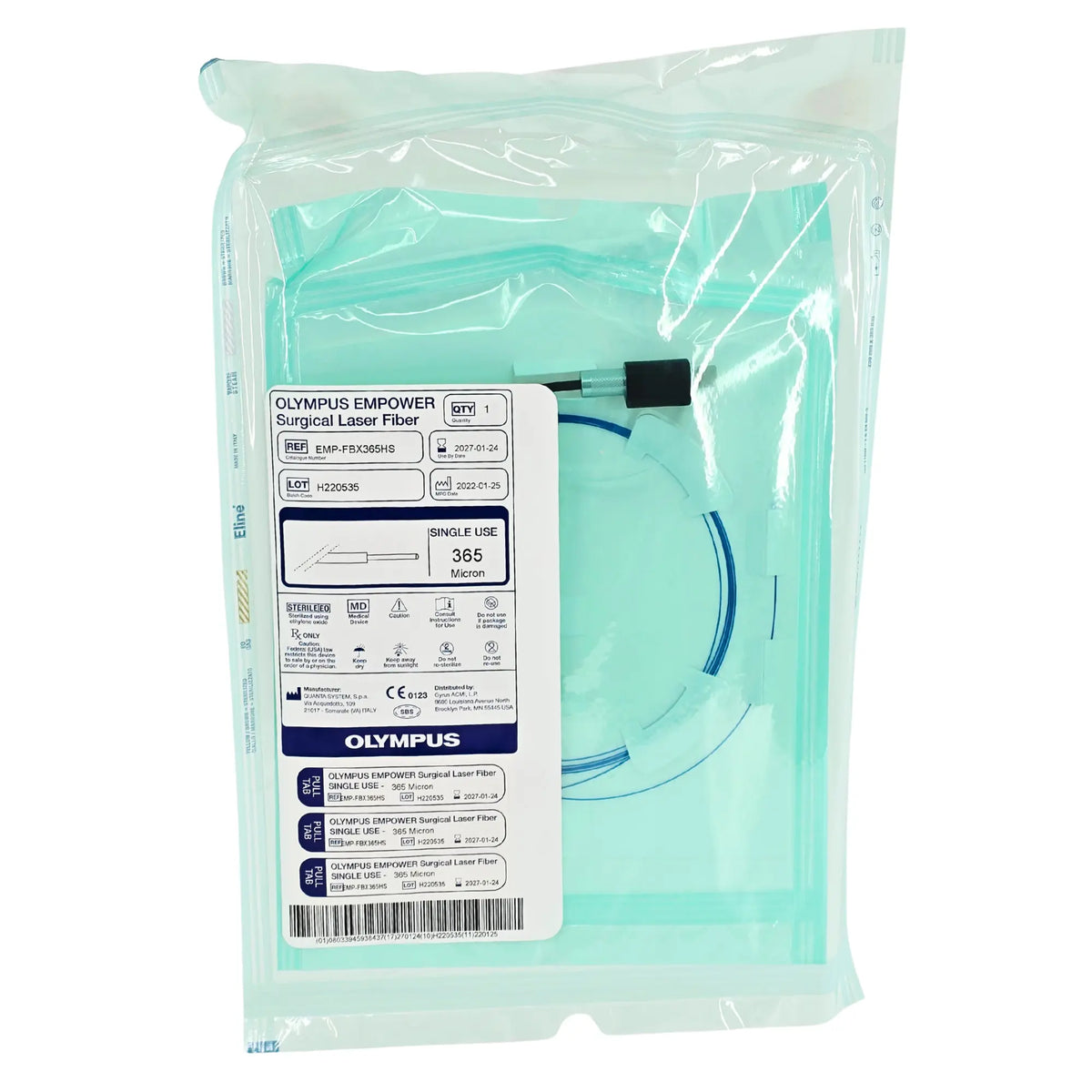 Olympus surgical laser fiber EMP-FBX365HS in clear packaging on a white background