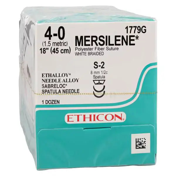 Ethicon Mersilene 1779G Suture - Size 4-0, 18" White Braided Polyester, S-2 Double-Armed Spatula Reverse Cutting Needle (Box of 12) Ethicon / Johnson & Johnson