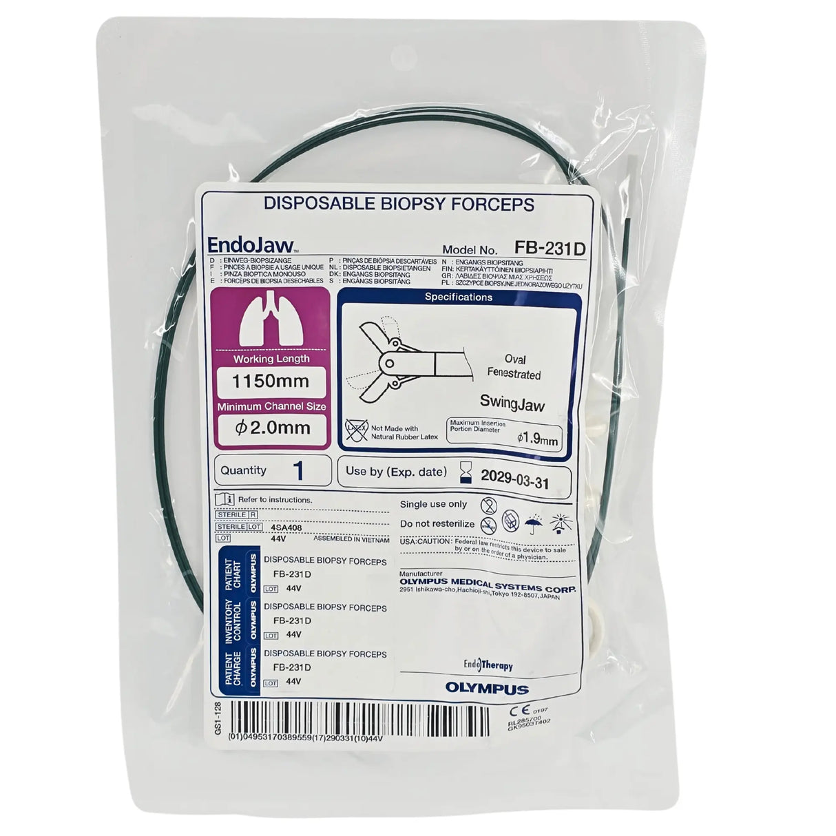 Olympus EndoJaw FB-231D Disposable Pulmonary Biopsy Forceps - 2.0mm x 115cm 1 Each Olympus