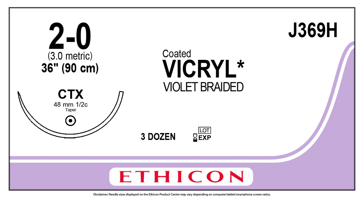 Ethicon Vicryl J369H Suture - Violet Braided Polyglactin 910, Absorbable (Box of 36) Ethicon