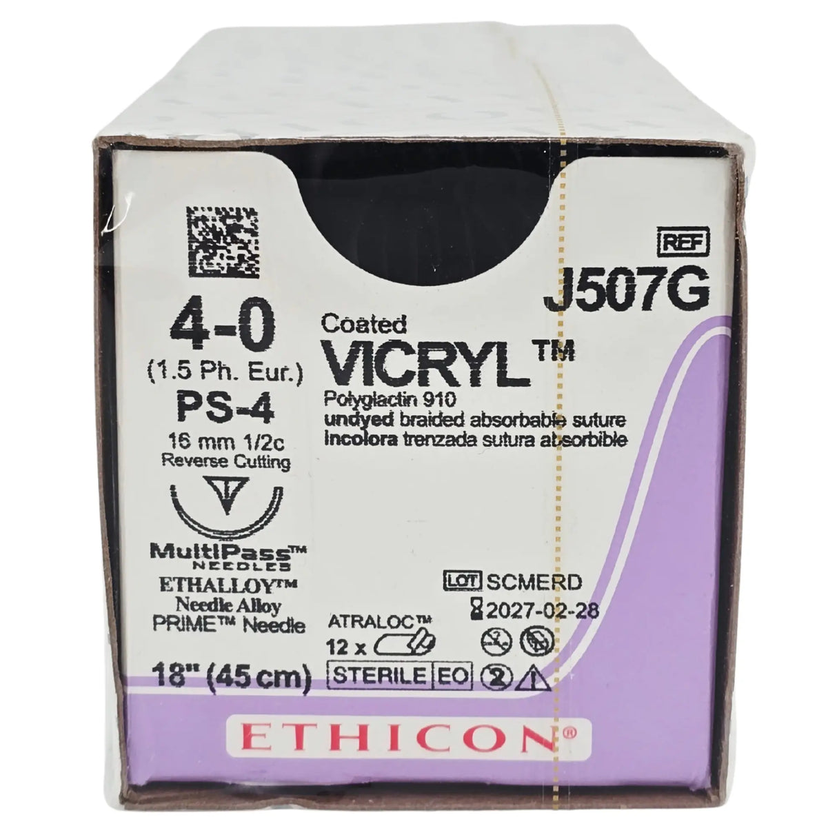 Ethicon J507G Coated Vicryl Suture - 4-0 Undyed Braided, 18" with PS-4 Reverse Cutting Needle Ethicon