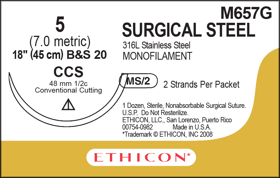 Ethicon Stainless Steel M657G Suture - Stainless Steel, Nonabsorbable (Box of 12) Ethicon