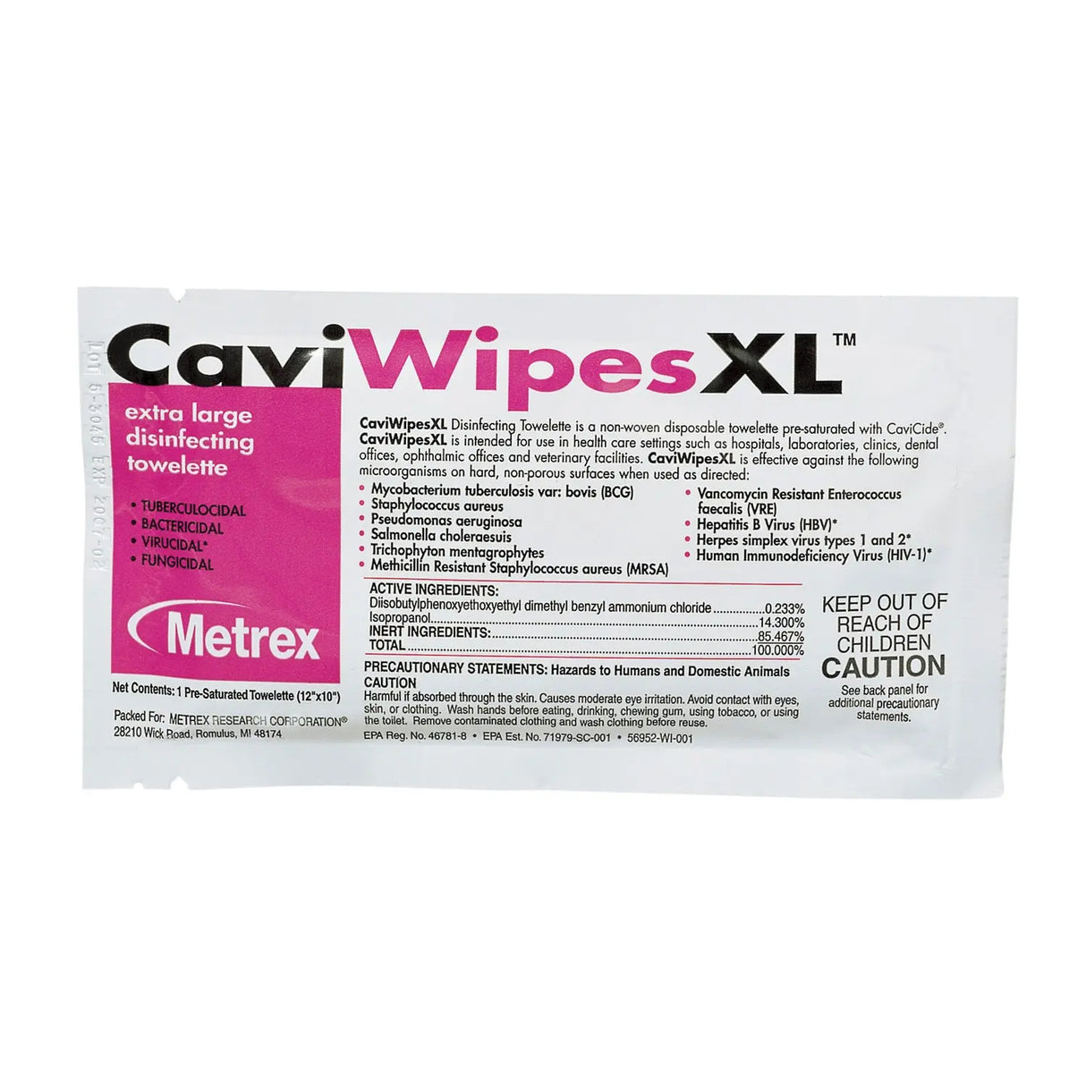 METREX CAVIWIPES DISINFECTING TOWELETTES XL CaviWipes, Single, 50/bx, 6 bx/cs (42 cs/plt) (091265) Metrex Research