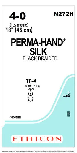 Ethicon Perma-Hand Silk N272H Suture - Size 4-0, Black Braided Silk, TF-4 Needle (Box of 36) Ethicon