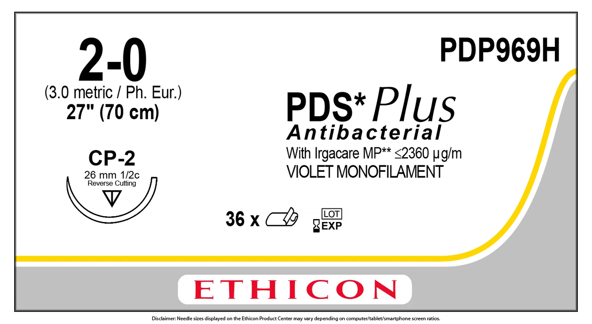 Ethicon PDS Plus PDP969H Suture - Size 2-0, 27" Violet Monofilament, CP-2 Reverse Cutting Needle (Box of 36) Ethicon