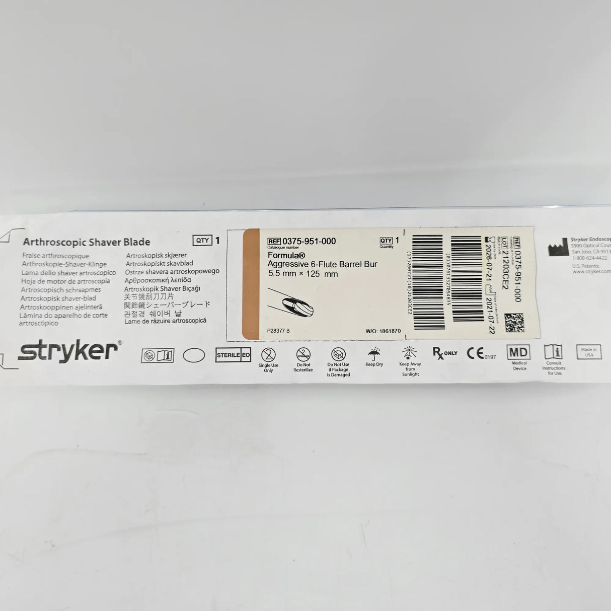 Stryker Formula Aggressive 6-Flute Barrel Bur 5.5mm x 125mm Shaver Blade 0375-951-000 Stryker
