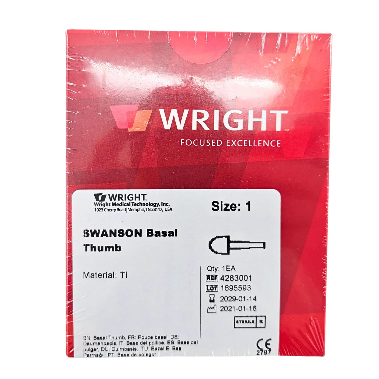 Wright Swanson Basal Thumb Implant 4283001, Size 1, Silicone Arthroplasty Wright Medical
