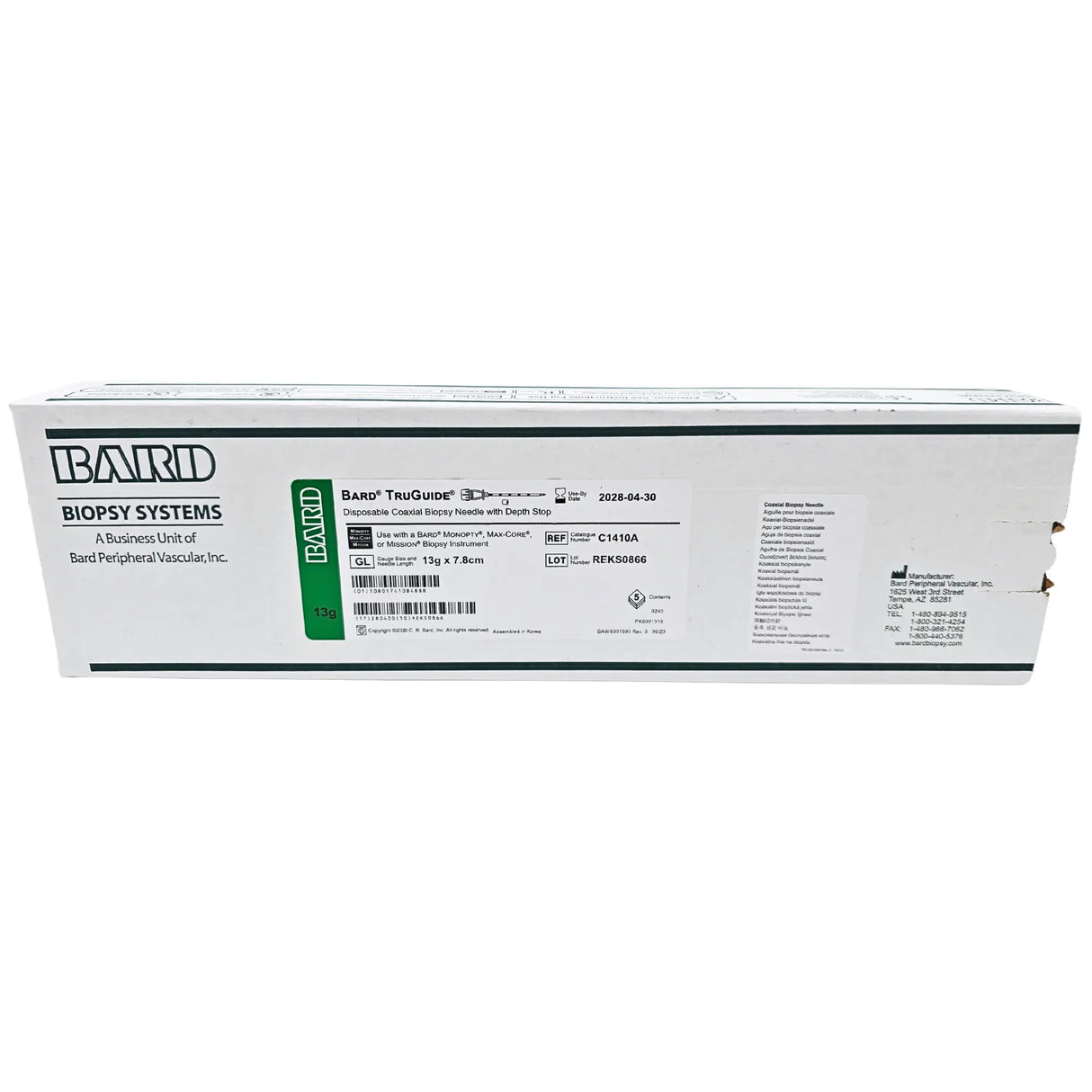 Bard C1410A TruGuide Disposable Coaxial Biopsy Needle - 13G x 7.8cm, with Depth Stop Bard