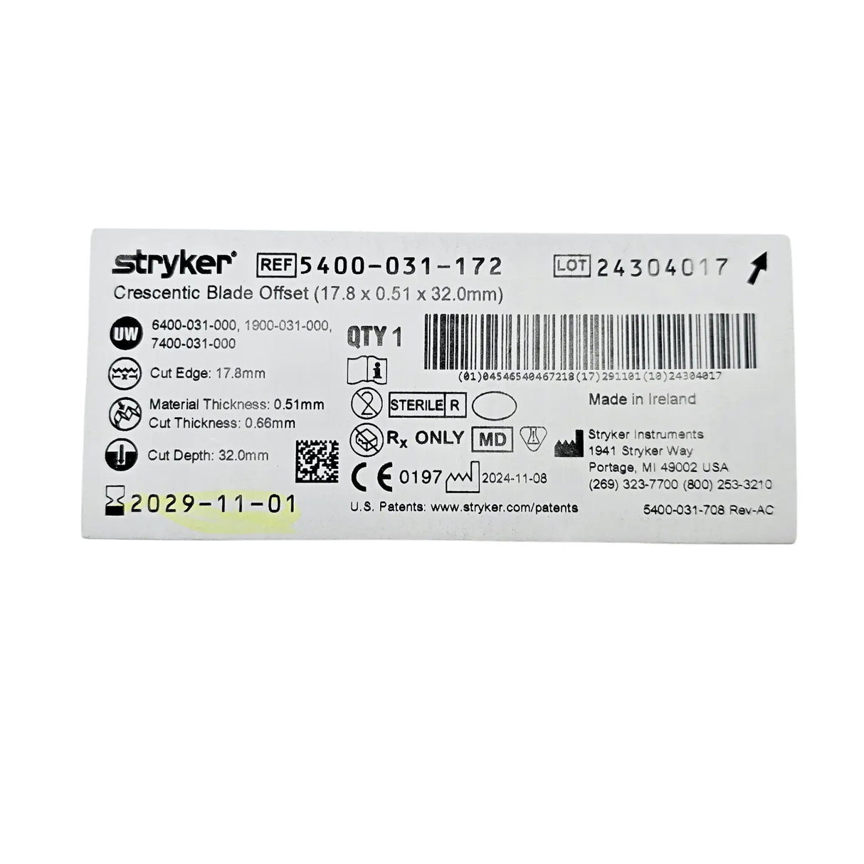 Stryker 5400-031-172 Crescentic Blade - Offset, 17mm x 21mm x 0.8mm Stryker