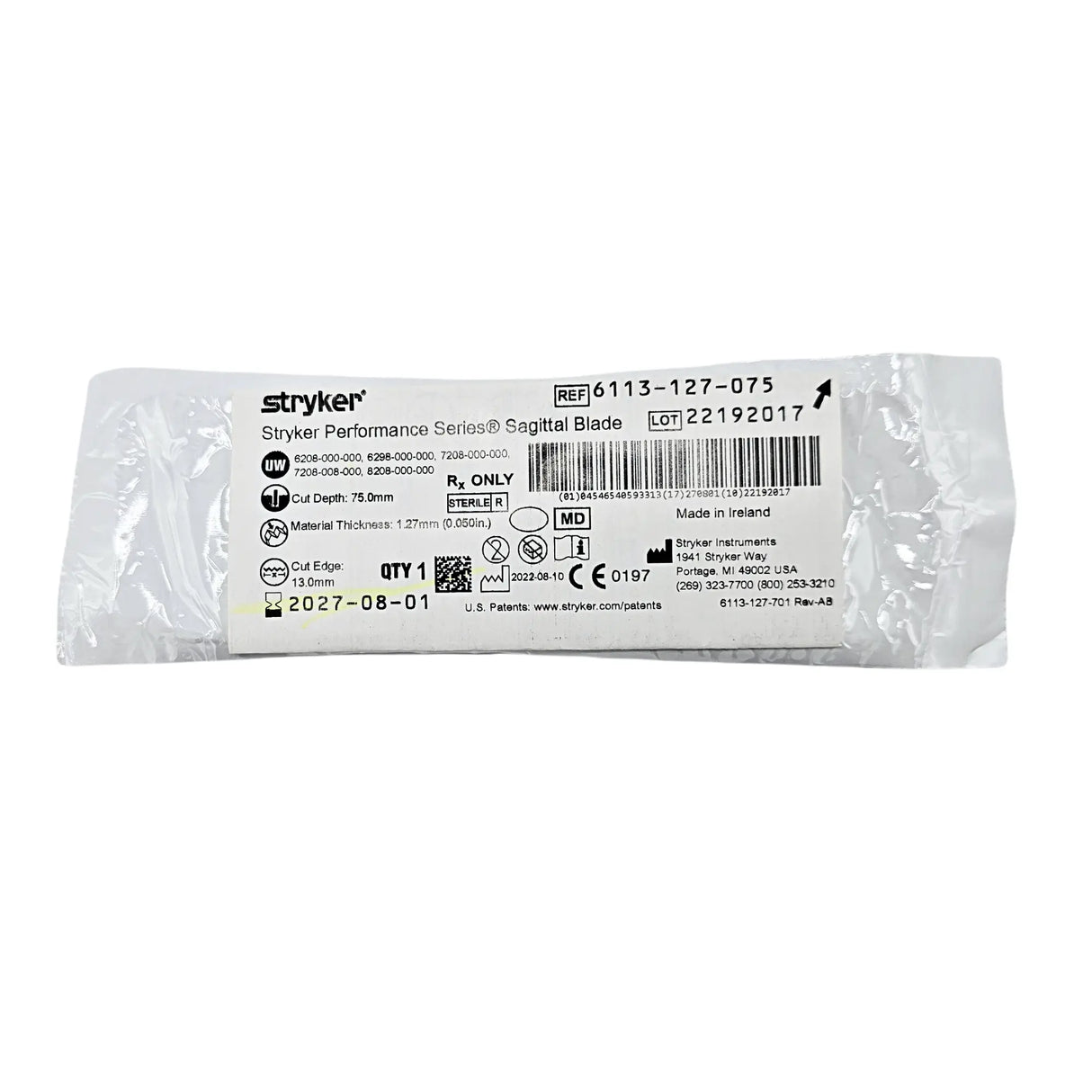 Stryker 6113-127-075 Performance Series Sagittal Blade - 75mm x 12.7mm x 0.89mm Stryker