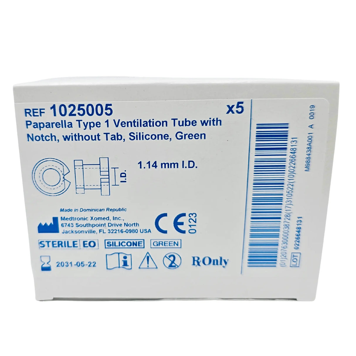 Medtronic Xomed 1025005 Paparella-Type Vent Tube - 1.14mm ID, Silicone with Notch (Box of 5) Medtronic