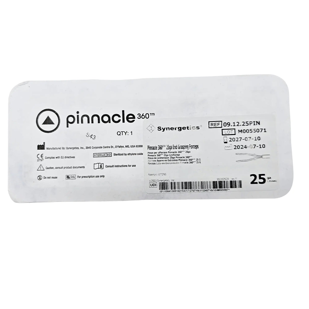 Pinnacle 25ga End-Grasping Forceps 09.12.25PIN, Disposable Vitreoretinal Instrument Pinnacle