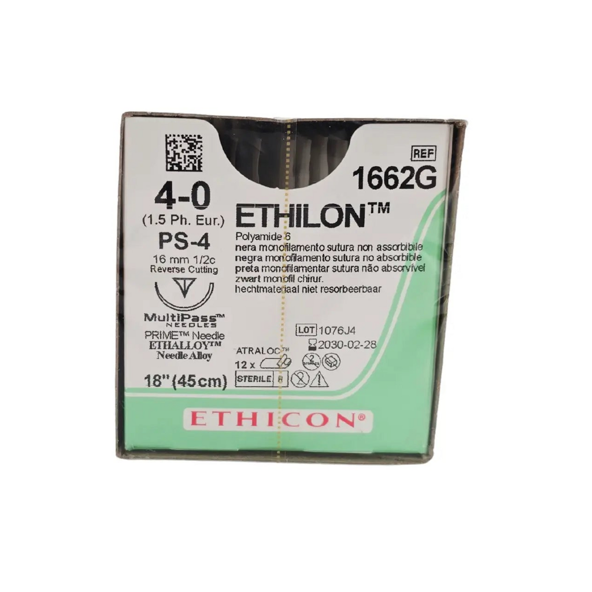 Ethicon Ethilon 1662G Nylon Suture - Size 4-0, 18" Black Monofilament, PS-4 Needle (Box of 12) Ethicon