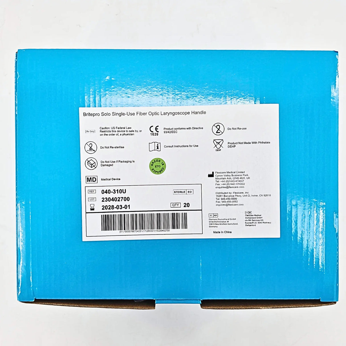 Flexicare Britepro Solo 040-310U Laryngoscope Handle - Standard Size, Fiber Optic LED, Single-Use (Box of 20) Flexicare
