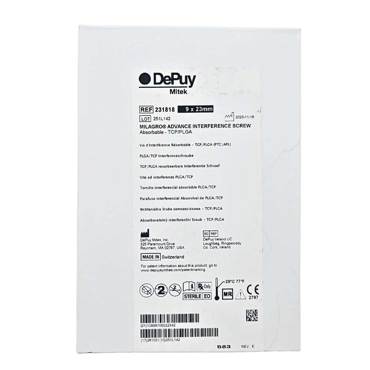DePuy Mitek 231818 MILAGRO ADVANCE Interference Screw – 9mm x 23mm Biocryl Rapide DePuy Mitek