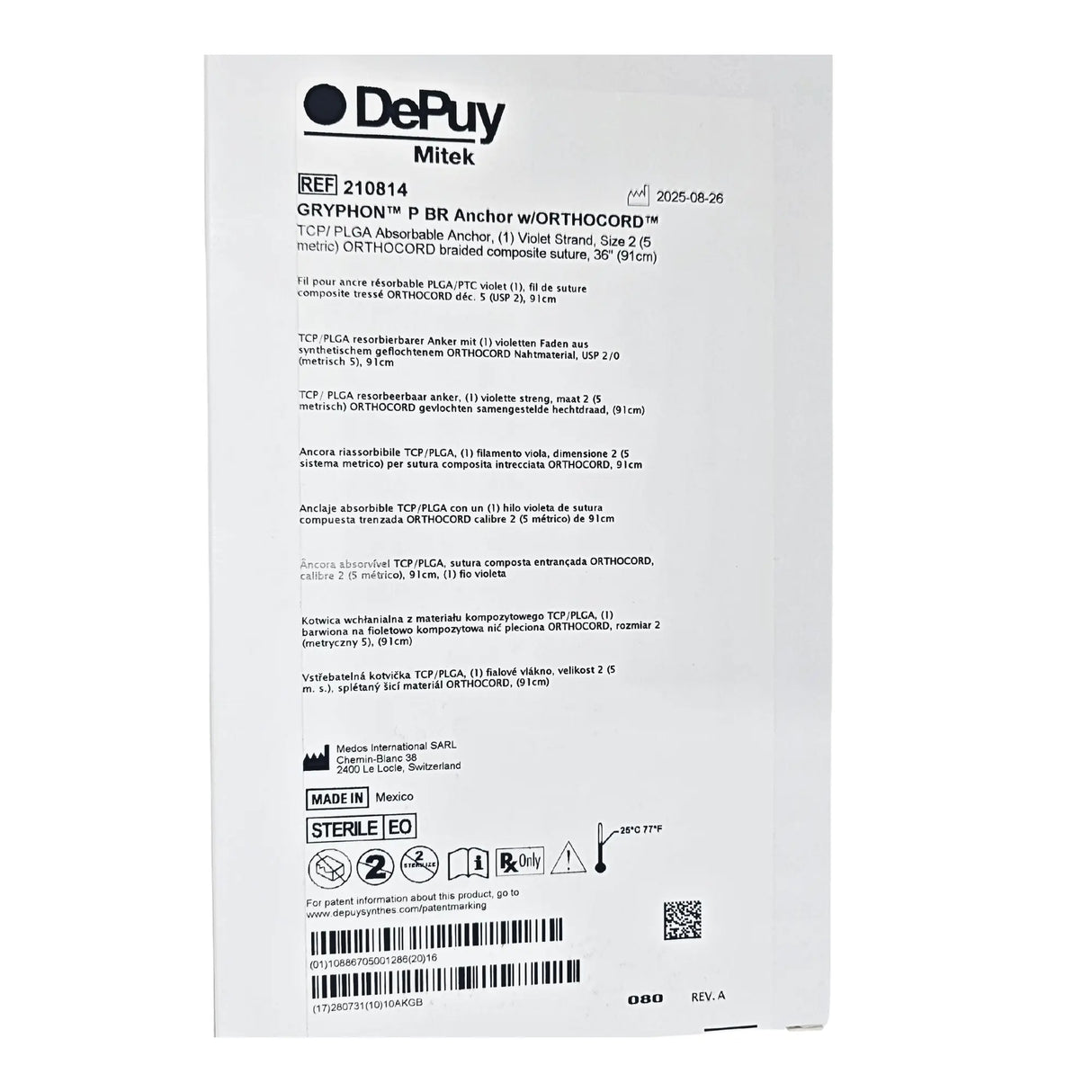 DePuy Mitek 210814 Gryphon P BR Anchor with #2 Orthocord Absorbable Biocryl DuPuy Mitek